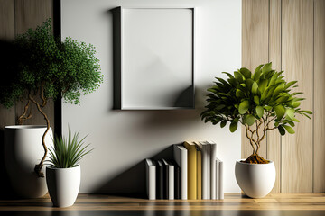 Wall mockup with decorations, ornamental plants and books. , interior design, 3d illustration. Generative AI