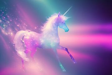 Naklejka na ściany i meble Abstract background with pastel purple, pink, and teal colors with a holographic rainbow unicorn. flare beams from optical crystal prisms. bursts of light. Christmas themed. Generative AI