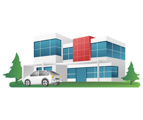 Flat isometric 3d illustration concept business office minimalist building with luxury car