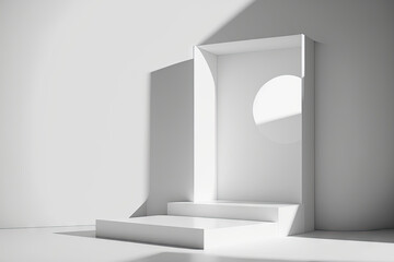 Home interior minimalist white empty podium background scene of light display product stage or empty modern showcase home wall stand and abstract sunshine studio backdrop in the summer. Generative AI