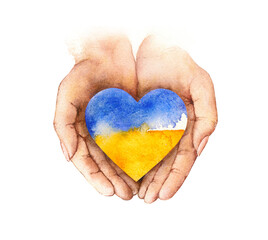Charity concept with cupped hands showing and sharing blue yellow heart. Ukraine support symbol. Isolated