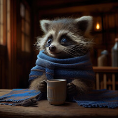 Raccoon with a cup. Generative AI