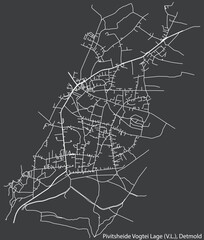 Detailed negative navigation white lines urban street roads map of the PIVITSHEIDE V. L.  DISTRICT of the German town of DETMOLD, Germany on dark gray background