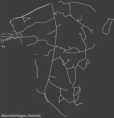 Detailed negative navigation white lines urban street roads map of the OBERSCHÖNHAGEN DISTRICT of the German town of DETMOLD, Germany on dark gray background