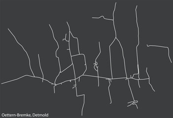 Detailed negative navigation white lines urban street roads map of the OETTERN-BREMKE DISTRICT of the German town of DETMOLD, Germany on dark gray background