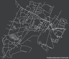 Detailed negative navigation white lines urban street roads map of the HEIDENOLDENDORF DISTRICT of the German town of DETMOLD, Germany on dark gray background
