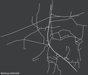 Detailed negative navigation white lines urban street roads map of the BENTRUP DISTRICT of the German town of DETMOLD, Germany on dark gray background