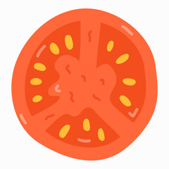 Flat illustration with ripe slice of tomato in trendy naive style. Vector hand drawn clipart isolated on background. Vegetarian and vegan food. Healthy farm product. Healthy eating and diet concept.