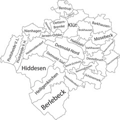 White flat vector administrative map of DETMOLD, GERMANY with name tags and black border lines of its districts