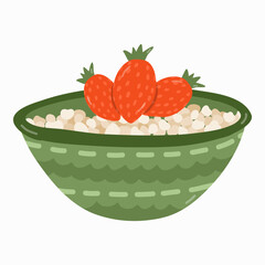 Oatmeal porridge or rice with strawberry in cute decorated ceramic bowl. Traditional English breakfast with seasonal fruit. Vegetarian and vegan food. Clipart in trendy naive style. Healthy eating.