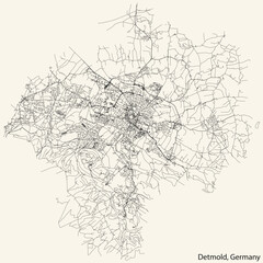Detailed navigation black lines urban street roads map of the German town of DETMOLD, GERMANY on vintage beige background