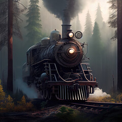 Locomotive in the forest. Generative AI