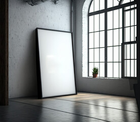 In a loft environment, a contemporary glowing showcase with an empty frame. Generative AI