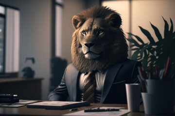 a lion in a business suit at his workplace at the office, generative ai