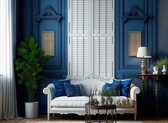Colonial vintage style living room in white and blue. Wooden panel, window with shutters, and fabric sofa with pillows. table, carpet, and decorations contemporary interior design, frame mockup