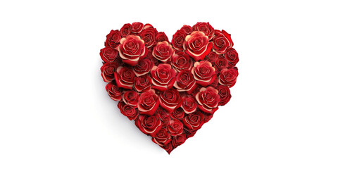 Big heart made of red roses centered on white background. Banner with place for text. Valentine's Day greeting card. Generative AI.