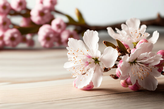  a cherry blossom twig on a wooden table, Generative AI