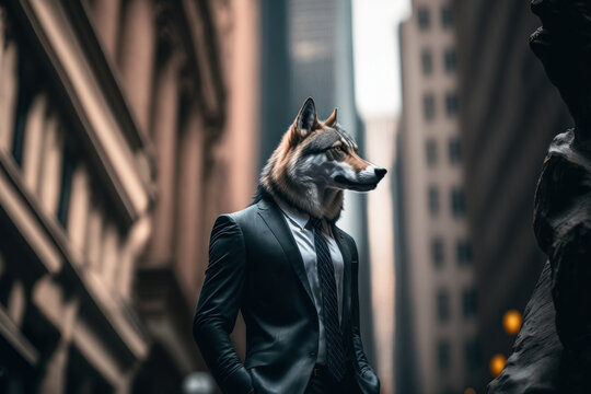 portrait of a wolf in a business suit on Wall Street, generative ai