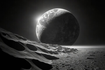 Earth's horizon and the surface of the moon. Space fantasy art. White and black.