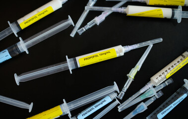 Fentanyl and Propofol Narcotic pandemic drug abuse with needles 