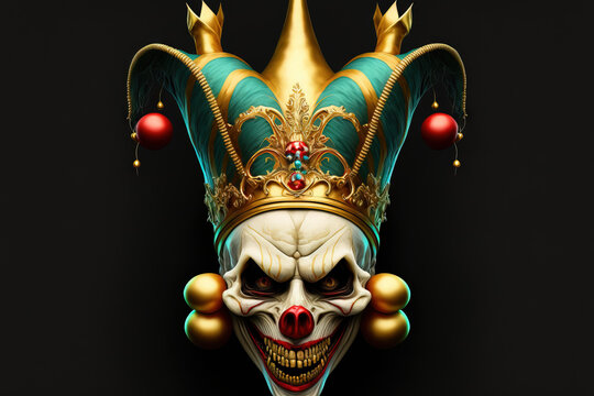 Illustration of a clown skull wearing a clown jester's cap hat with three gold bells and grinning angrily. Generative AI