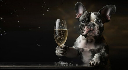 French bulldog know as a Frenchie dog is sitting at the table with a glass of champagne, having a celebration with himself.  Image created with generative ai