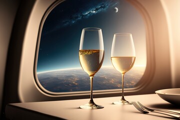 A pair of glass wine on the romantic dinner table in front of spaceship window. Generative AI