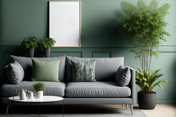 Living room interior mockup with gray sofa, armchair, plant and coffee table on green wall background,. Generative AI