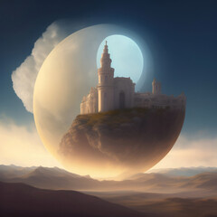 Fototapeta na wymiar Generative AI: landscape with castle and a full moon in the sky