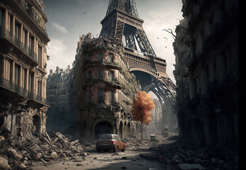 Post apocalypse in destroyed city, apocalyptic view of after world war, fiction view - obrazy, fototapety, plakaty