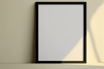 On a pale beige wall, a black picture frame with square borders hangs. florescent shadows template for a blank mockup. Generative AI