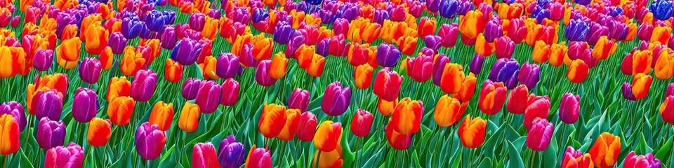 Fototapeta premium Colorful tulips - a field of tulips in panoramic view like digital oil painting made by generative AI