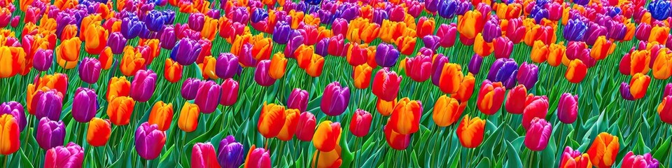 Colorful tulips - a field of tulips in panoramic view like digital oil painting made by generative AI