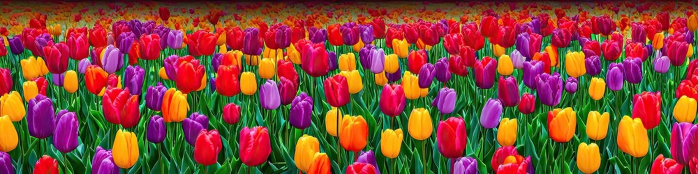 Colorful tulips - a field of tulips in panoramic view like digital oil painting made by generative AI