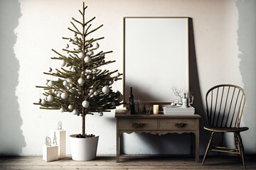 Scandinavian style Christmas interior mock up poster. Generative AI