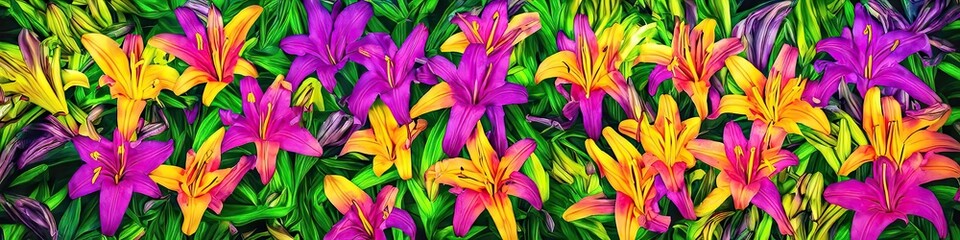 Fototapeta premium Colorful tropical lilies in a variety of tropical colors - fun and exotic floral panoramic image made by generative AI