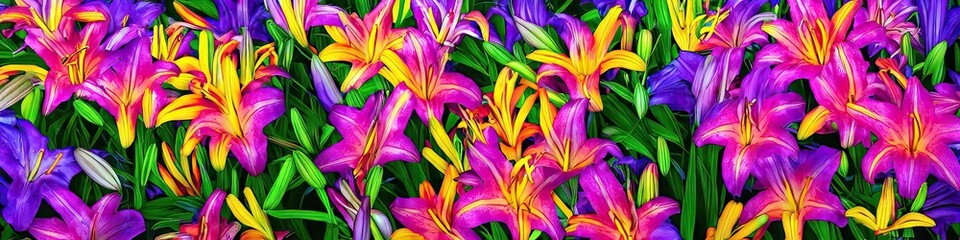 Colorful tropical lilies in a variety of tropical colors - fun and exotic floral panoramic image made by generative AI