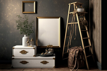 Vintage commode, gold mock up photo frame, wooden ladder, bag, decoration, grunge wall, and tasteful personal accessories are all featured in this stylish living room interior. Generative AI