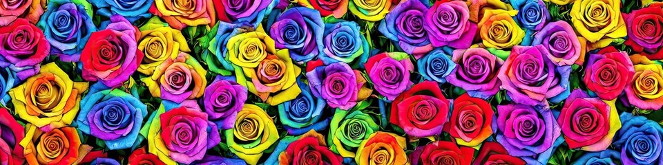 Fototapeta na wymiar Colorful rainbow roses - panoramic extra wide floral image of bright and delicate roses