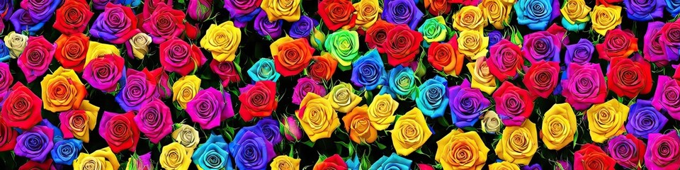 Colorful rainbow roses - panoramic extra wide floral image of bright and delicate roses