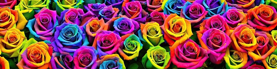 Fototapeta na wymiar Colorful rainbow roses - panoramic extra wide floral image of bright and delicate roses