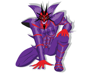 cartoon vector design of a creature or monster with sharp horns and claws with a red face and skin and the creature is wearing a purple-black armor and is in a semi-sitting position