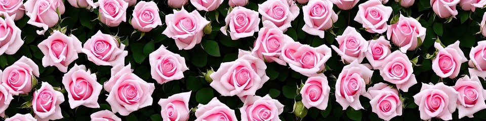 Colorful pink roses - panoramic extra wide floral image of bright and delicate roses