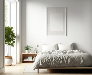 Front view on bright bedroom interior with bed, empty white poster, bookshelf, oak wooden hardwood floor. Concept of minimalist design. Space for chill and relaxation. Mock up. Generative AI