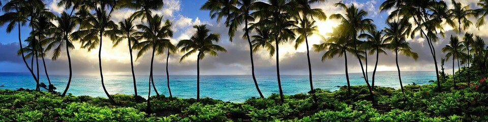 Fototapeta na wymiar Hawaiian environment - natural panoramic image of a tropical Hawaiian landscape made by generative AI