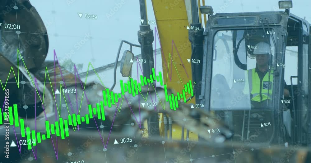 Aufkleber animation of statistical data processing over caucasian male worker operating a crane at junkyard