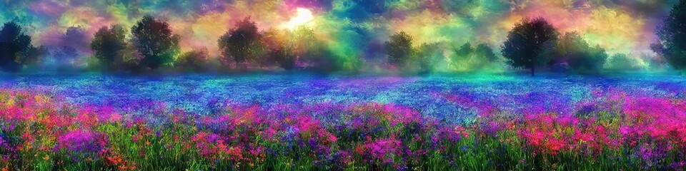 Fototapeta na wymiar magical floral field - great wide open landscape environment panoramic image by Generative AI