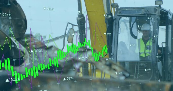 Animation of statistical data processing over caucasian male worker operating a crane at junkyard