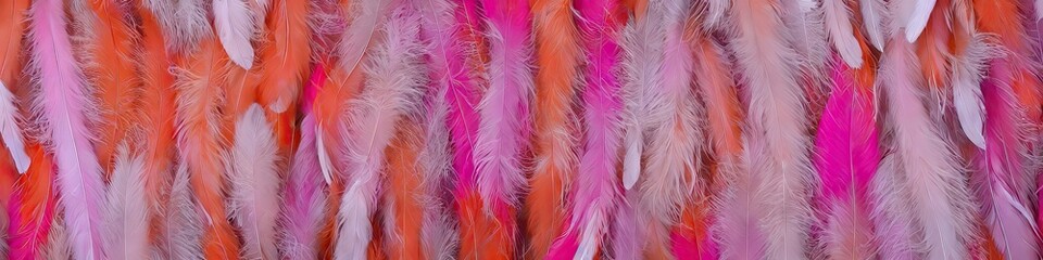 Obraz premium Colorful pink feathers - bright and vibrant feathers in a panoramic extra wide banner image by generative AI