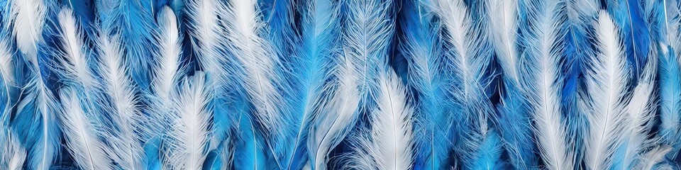 Fototapeta premium Colorful blue feathers - bright and vibrant feathers in a panoramic extra wide banner image by generative AI